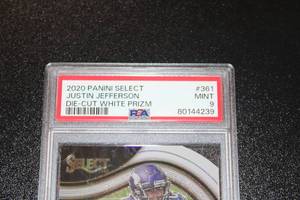 lot 220 image: 2020 Select Field Level Die Cut White Prizm Justin Jefferson #361 Rookie Card PSA 9