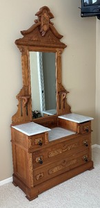 lot 1 image: Vintage Victorian Drop Down Center Walnut Dresser with Mirror