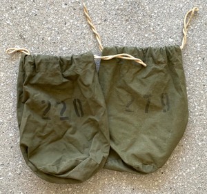 Two Vintage US ARMY 1943 Army Green Drawstring Bags With Tactical Flashlight