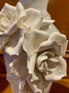 Set of Cream Glazed Hand Painted and Sculpted Rose Worked Vase