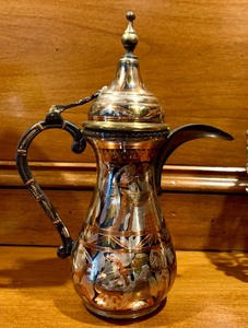 Unique Vintage Engraved Dallah Copper Silver Brass Inlaid Egyptian Coffee Teapot and Vintage Egyptian Handcrafted Ornate Metal Wall Hanging Plate