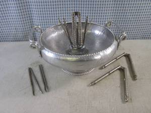 lot 62 image: (BS) Vintage Aluminum Nut Bowl with Nutcracker and 6 Nut Picks - Includes 2 Extra Nut Crackers and 4 Nut Picks