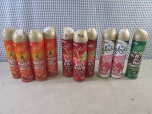 lot 150 image: (BS) 10 Cans Assorted Glade Spray Air Freshener in Pumpkin Spice, Apple Pie, White Tea & Lilly and Pine Wonderland