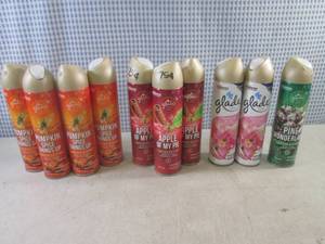 lot 152 image: (BS) 10 Cans Assorted Glade Spray Air Freshener in Pumpkin Spice, Apple Pie, White Tea & Lilly and Pine Wonderland