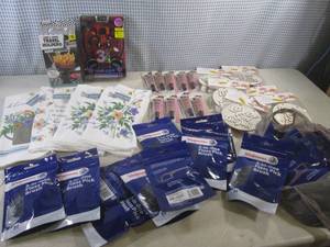 lot 165 image: (BSB) Lot of Misc - Kitchen Towels, Lip Gloss, Headphones, Crafts and Several 30pc Packs 3-In-1 Floss Pick Brush