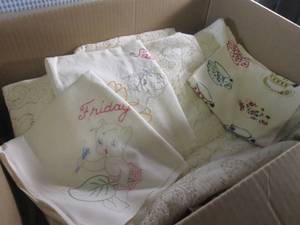lot 178 image: (F-3) Box of Table Clothes, Aprons, Shower Curtain, Kitchen Towels Etc