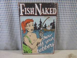 lot 208 image: (FS) Fish Naked Tin Sign 7 34 x 11 34