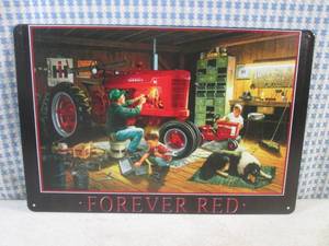 lot 215 image: (FS) Forever Red Farmall Tractor Tin Sign 7 34 x 11 34