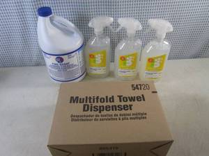 lot 249 image: (F-0) Spray Cleaners, Bleach and Stainless Steel Multifold Towel Dispenser