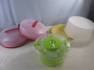 lot 290 image: (BR3) Tupperware Cake Container, 2 Sterilite Cake Totes and Genius Salad Spinner