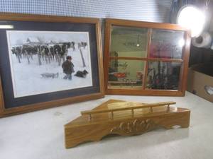 lot 291 image: (BR1) Framed Wall Decor and Wood Corner Shelf