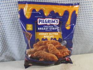 lot 334 image: (FRZ) 3 Pound Bag Frozen Chicken Breast Strips Fritter Style Honey Butter Biscuit Flavor Past Date