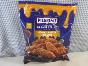 lot 336 image: (FRZ) 3 Pound Bag Frozen Chicken Breast Strips Fritter Style Honey Butter Biscuit Flavor Past Date