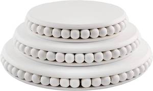 2 Packs of 3 AuldHome Farmhouse Beaded Pedestal Tiered Stands (3-Piece Set, White) Rustic Wood Beaded Tray Stack