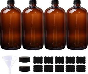 4 Pack 32 oz Amber Boston Round Glass Bottles with Black Caps for Secondary Kombucha Fermentation and Lab Chemicals (