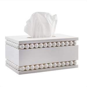 2 Pack Beaded Rectangular Tissue Box Cover (White) Rustic Farmhouse Wood Oblong Holder