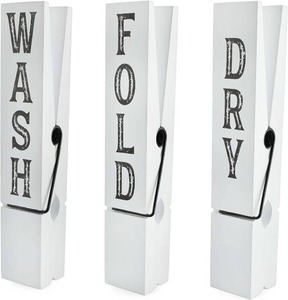 AuldHome Laundry Room Wall Art (Set of 3) Rustic Wood Clothespin Shaped Laundry Decor