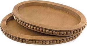 AuldHome Rustic Beaded Wood Tray Set (Set of 2, Antique Brown) Farmhouse Distressed Oval Wooden Tray Set