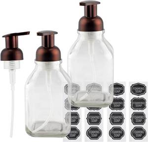 Halted due to item being damaged - Cornucopia 16-Ounce Square Glass Foaming Soap Dispensers (2-Pack, Clear Bottle wBronze Color Pump)