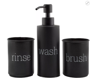 AuldHome Design Farmhouse Bathroom Accessories Set 3pc Enamelware Matching Soap Dispenser, Toothbrush Holder and Rinse Cup for Sink Vanity