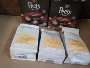 2 x 22 Peets Peppermint Mocha k Cups and 3 x 10 oz Spy house Decaf Whole Bean Coffee