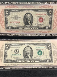 lot 24 image: Red Seal and Green Seal $2 Dollar Bills