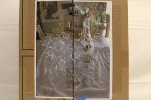 lot 43 image: Set of 12 VIntage Gold Leaf Poinsettia Christmas Stemmed Glasses and Pitcher