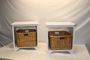 lot 60 image: Set of 2 Wood Tables with Wicker Basket Cubbies