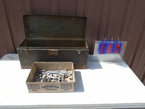 Vintage tool box with 38 sockets & swivels. As shown.