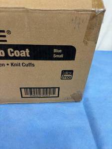 lot 88 image: 1 Case (25 each) NEW MediChoice 03504BS Premium SMS Non-Woven Knit Cuffs Latex-Free Disposable Lab Coat - Size Small Blue 