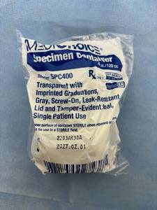 lot 92 image: Lot of 30 NEW MediChoice SPC400 4 oz. Transparent with Printed Graduations Screw-On Leak-Resistant Lid Tamper-Evident Seal Single-Use Sterile Specimen Container - Expiration 227