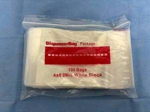 lot 109 image: Lot of 4 NEW 4 x 6 100-Pack White Block DispenserBag Package Disposable Zip Bags