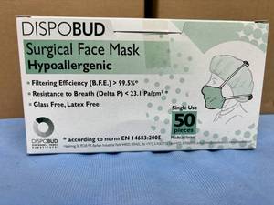 lot 119 image: 8 Cases (1000 masks per case) NEW Dispobud Disposable Fabric Substitutes Hypoallergenic Glass-Free Latex-Free Single-Use Surgical Face Masks 