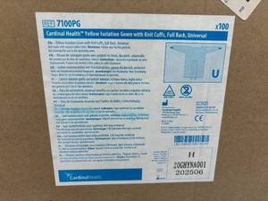 lot 123 image: 1 Case (100 each) NEW Cardinal Health 7100PG Non-Sterile Single-Use Full-Back Isolation Gown with Knit Cuffs - Size Universal Yellow