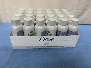lot 134 image: Lot of 2 NEW In Packages (24 Bottles Per Package) Dove Irritation Care Sensitive Skin Fragrance Free Nourishing Body Wash - Trial Size (1.8 fl oz) and Body Wash Concentrate & Reusable Bottle
