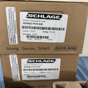 lot 24 image: Lot of 2 Schlage ND80BD RHO 626 Grade 1 Storeroom Locks (open boxes) No Keys