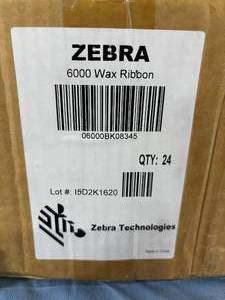 lot 11 image: 1 Case (50 each) NEW 9773206 Thermal Paper Rolls (Side Of Box Has Damage Not Sure If All Rolls Are There) AND 1 Case (24 each) NEW&nbsp06000BK08345 ZEBRA 3.27 X 1,476 6000 Wax Ribbon Labels