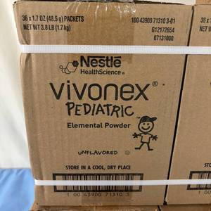 lot 18 image: MSRP $500  9 Cases (36 packets each per case) NEW Nestle Health Science 6-Pack Boxes 1.7 oz. Vivonex Nutritionally Complete Pediatric Elemental Powder - Unflavored - Expiration 924