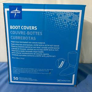 lot 19 image: 1 Case (50 each) NEW Medline NON27200 Fluid Resistant Non-skid Boot Covers - Size RegularLarge Blue AND 1 Case (50 each) NEW Medline Boot Covers with Non-Skid Pattern, Knee High, Multi-Layer Material - Size RegularLarge
