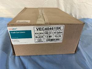 lot 22 image: 1 Case (10 rolls per case10 bags per roll) NEW Novaplus 45 Gallon VEC404615K 40 x 46 1.5 Mil High Density Garbage Trash Can Liners - Black