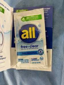 lot 25 image: 1 Case (60 each) Sample Packs NEW All Free Clear Unscented Hypoallergenic Liquid Laundry Detergent for Sensitive Skin 