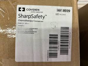 lot 39 image: MSRP $500  2 Cases (5 each per case) NEW Covidien 8939 SharpSafety Chemotherapy Containers with Slide Lids, 18 gal Capacity, Yellow