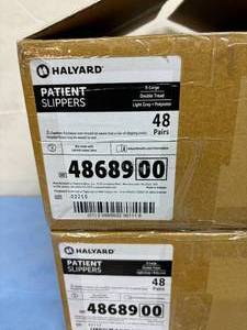 lot 157 image: 2 Cases (48 pairs each per case) NEW Halyard Anti-slip Double Sided Tread Polyester Patient Slippers Socks - Size X-Large Light Gray -provides patient comfort easy to slip onoff -terry cloth provides warmth while absorbing perspiration from the foot