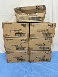 lot 161 image: MSRP $600  7 Cases (30 each per case) NEW Graham Medical 62215 Non-Woven Disposable Scrub Shirts - Size X-Large Green (dented box)