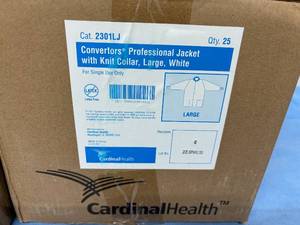 lot 167 image: MSRP $600  3 Cases (25 each) NEW Cardinal Health 2301LJ Single-Use Latex-Free Convertors Professional Jacket with Knit Collar - Size Large White