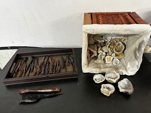 lot 141 image: Obsidian Spears and Basket of Large Geodes