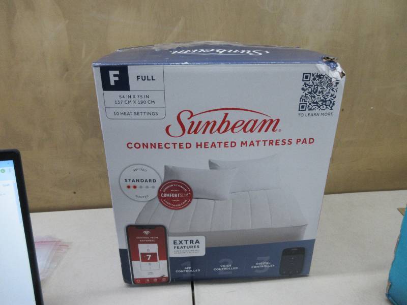 lot 326 image: Sunbeam Polyester Wi-Fi Connected Mattress Pad, Electric Blanket, 10 Heat Settings, Full Size OPEN BOX