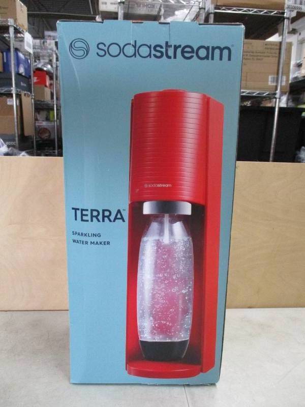lot 713 image: SodaStream Terra Sparkling Water Maker (Red) with CO2 and DWS Bottle - Open Box, Never Used. In nice condition.