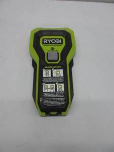 lot 819 image: RYOBI Stud Finder with Multiple LEDs to Indicate The Full Width of The Stud. One-Handed Operation, ESF5002BATTERIES NOT INCLUDED, NOT SURE IF WORKS, LIGHTS TURN ON, USED, TIP A LITTLE WORN DOWN