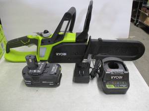 lot 351 image: Ryobi ONE 10 in. HP 18V Brushless Lithium-Ion Electric Cordless Battery Chainsaw - Battery and Charger Included. Tested, Works, Slightly Used.